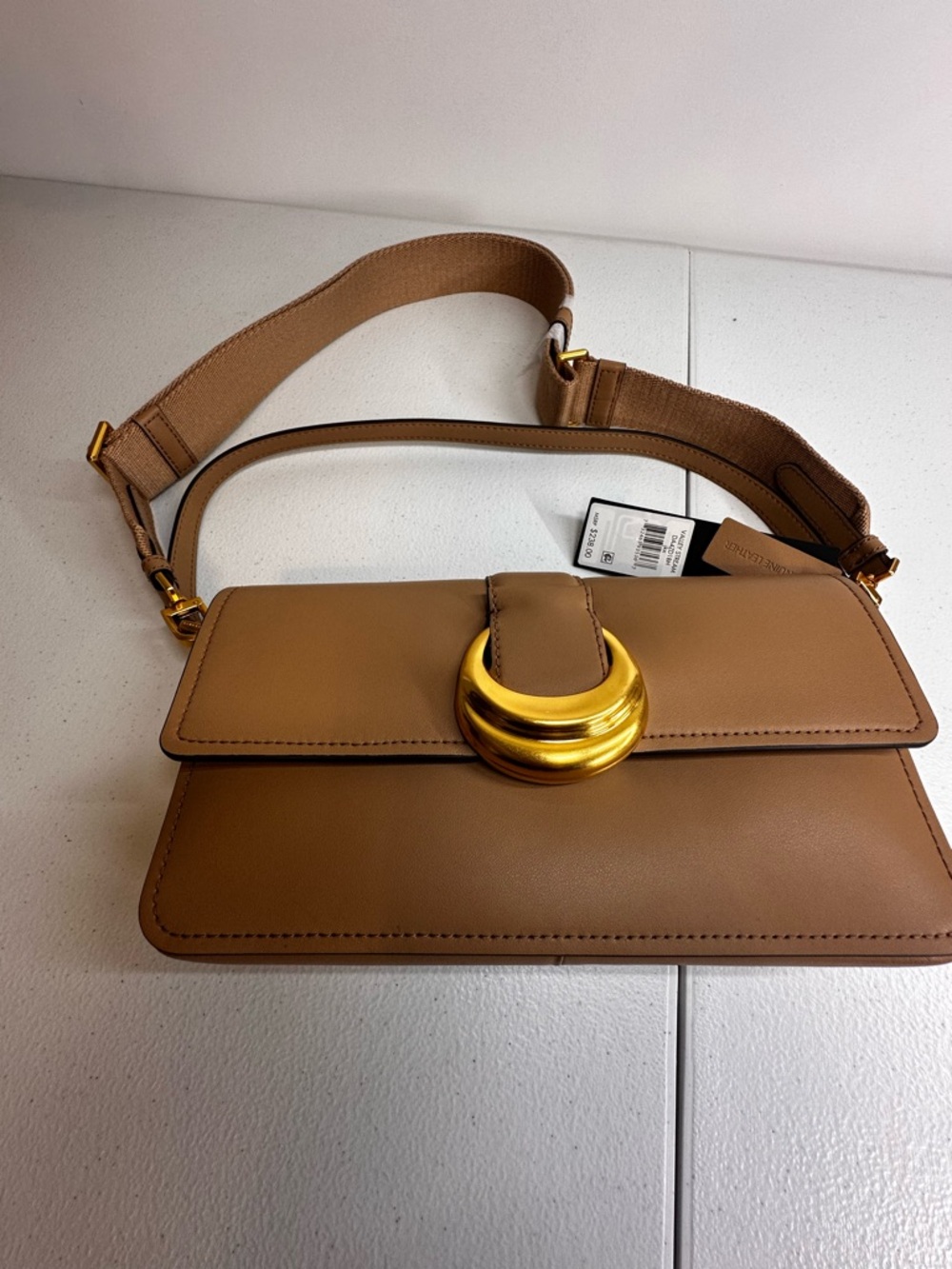 Donna Karan Valley Stream Tan Leather Flap Bag Gold Hardware Crossbody NWT - Picture 7 of 9